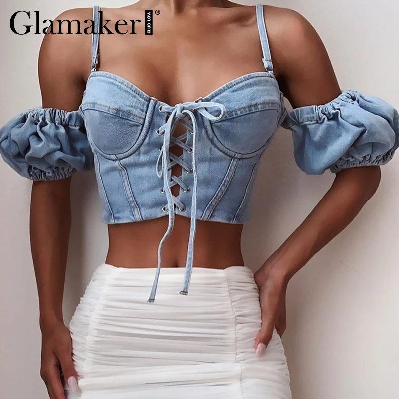 Glamaker Сексуальная джинсовая женская блузка Женский Топ Женская кружевная элегантная рубашка с пышными рукавами осенняя синяя Зимняя Блузка укороченная рубашка