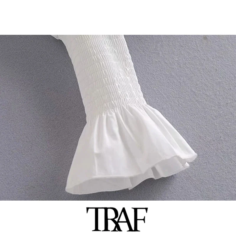 

TRAF Women Sweet Fashion Patchwork Ruffle Trims Knitted Blouses Vintage Bow Tied Long Sleeve Female Shirts Chic Tops