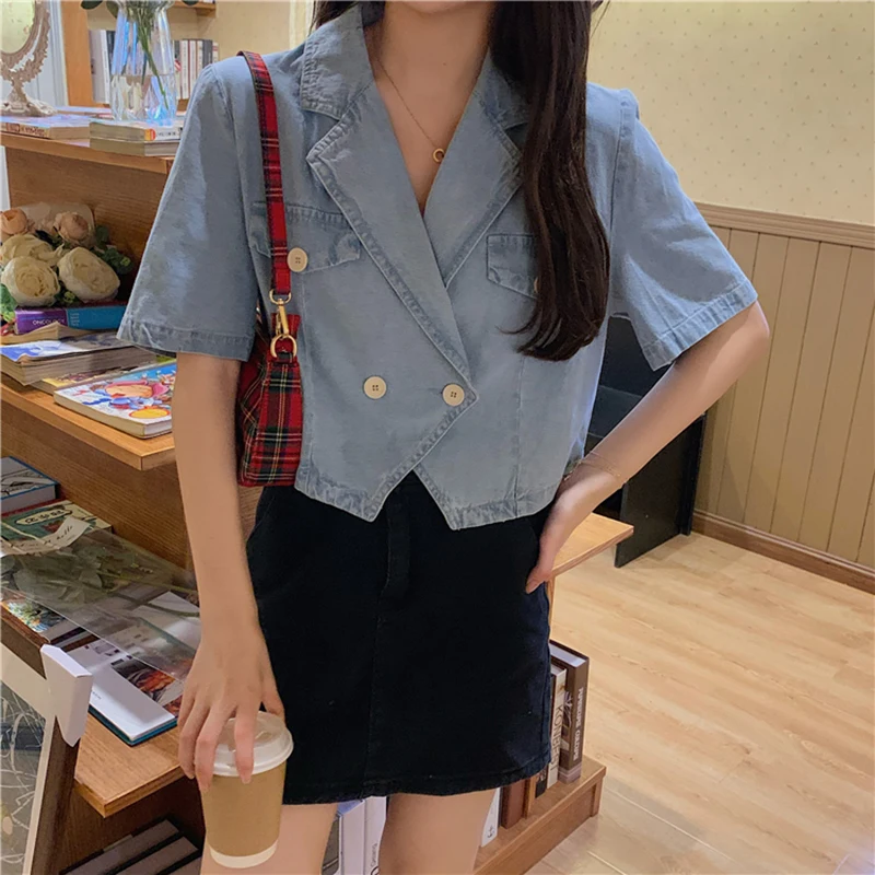 

Suit Collar Short Sleeve Denim Shirt Women's Spring/Summer Hong Kong Style Design Sense Niche Versatile Short High Waist Top