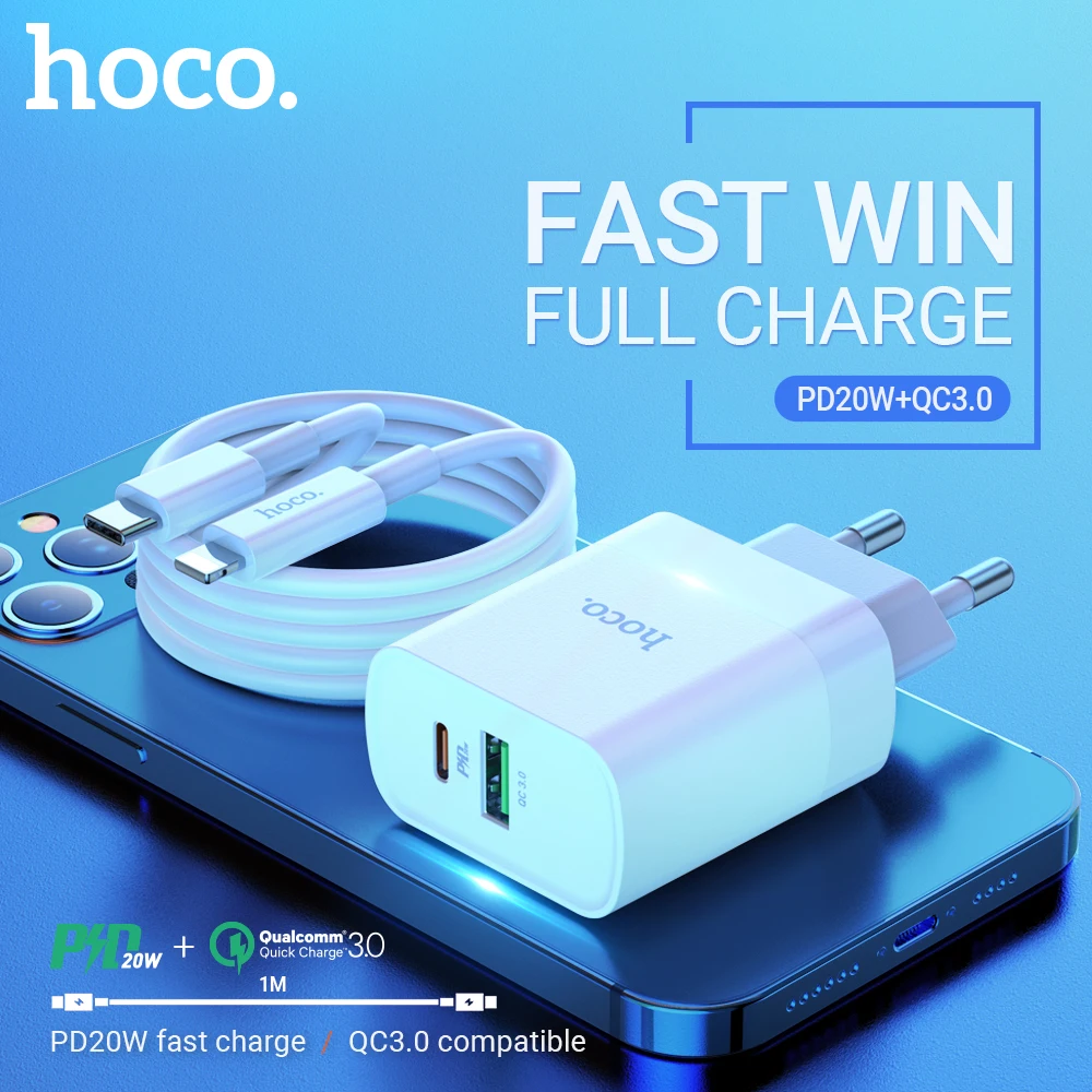 

hoco USB C wall charger dual port PD QC 3.0 fast charging adapter 20W for iPhone iPad type-c set cable kit charger PD20W EU plug