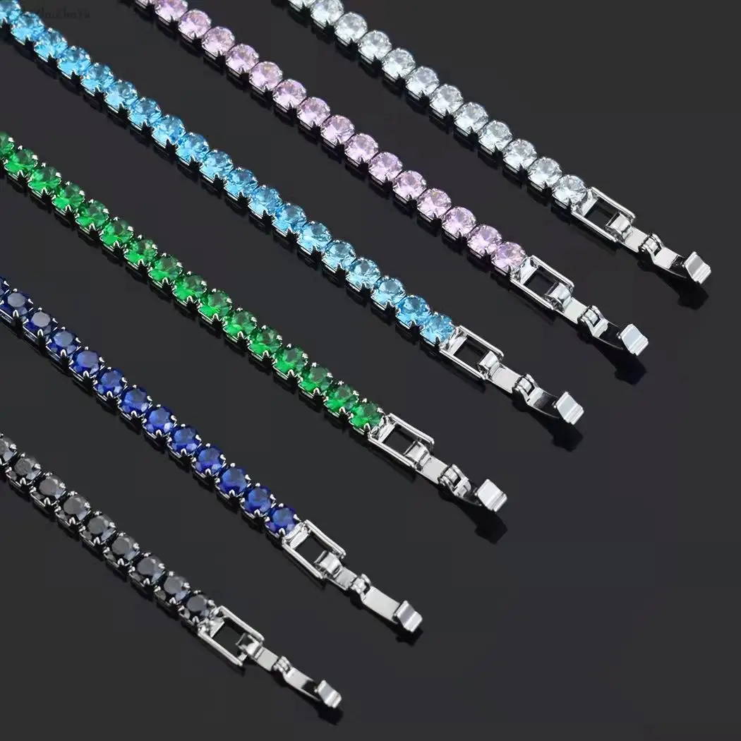 

4 mm various colors cubic zirconia tennis bracelet hip hop simple silver luxury rhinestone men and women jewelry wedding gift