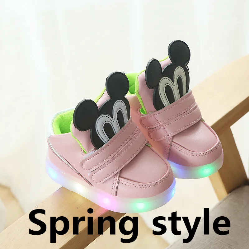Spring style Г. Светодиодный свет, зимние детские модные ботинки хлопковая обувь для маленьких мальчиков и девочек теплые зимние ботинки светящиеся Детские кроссовки с героями мультфильмов - Цвет: Spring style