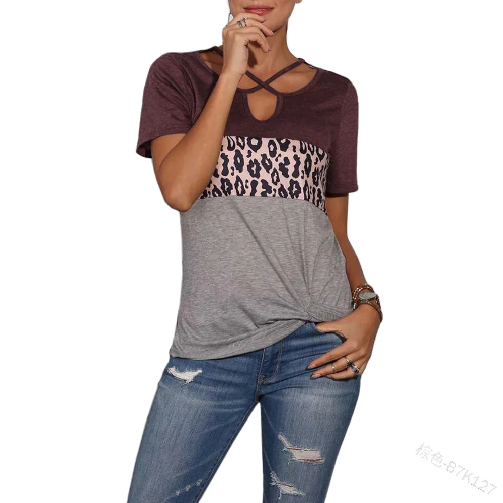

Женская рубашка с коротким рукавом, облегающий пуловер с цветным леопардовым принтом, с круглым вырезом и перекрестным поясом, Повседневна...