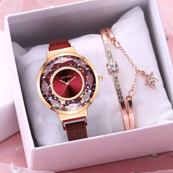 Часы женские кварцевые с магнитной пряжкой роскошные движущимся бриллиантом