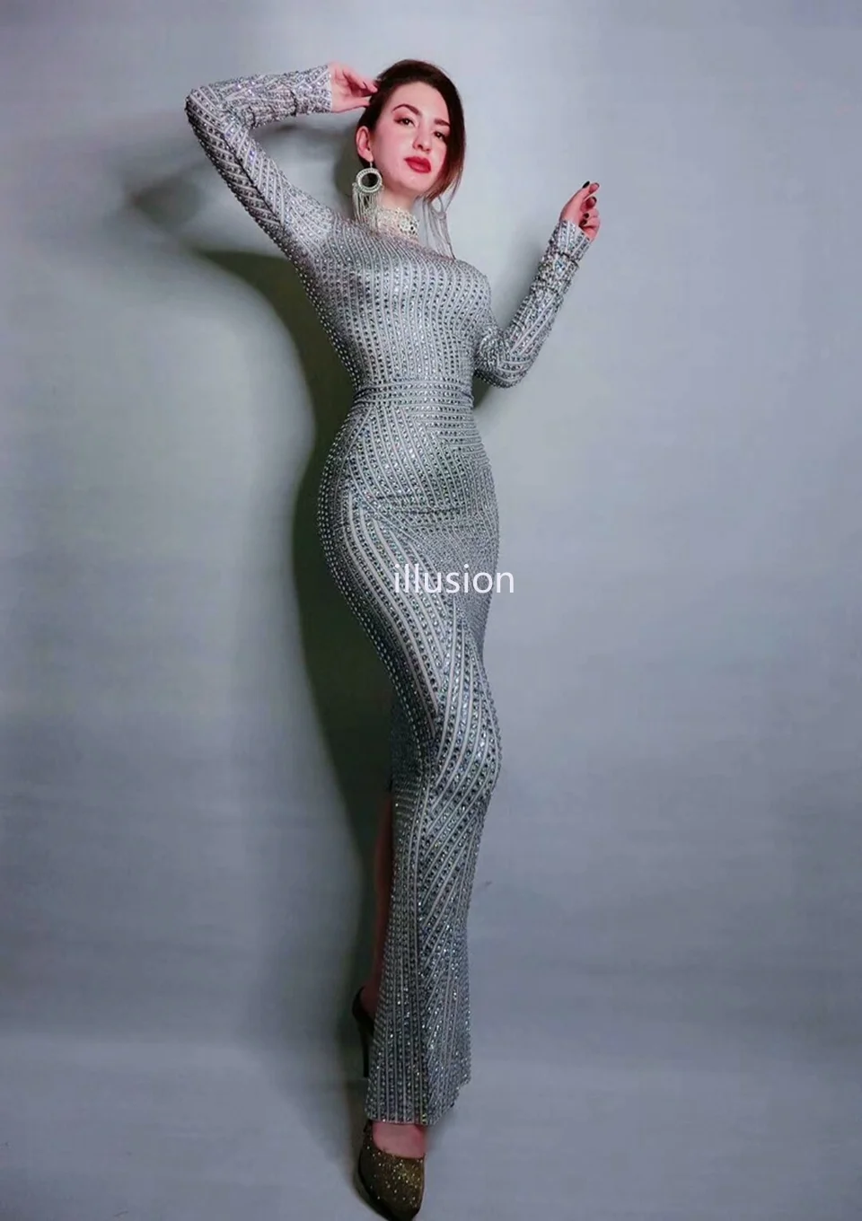 Luxury Full Glisten Silver Rhinestones Dress Women Sexy Singer Stage Wear Long Dresses Celebrate Outfit Party Club Costume | Тематическая