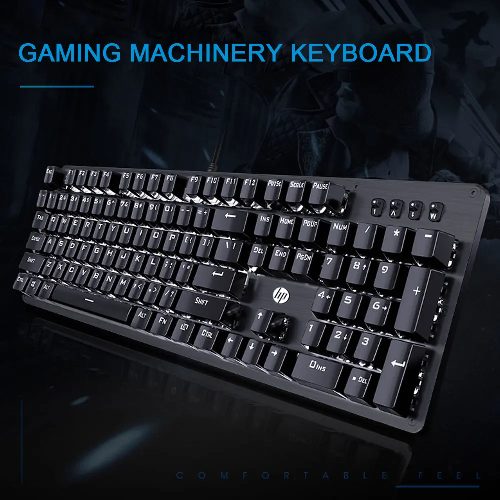 Hp GK100 Механическая игровая клавиатура с подсветкой, синий, красный переключатель, 104 клавиш, металлический цветной светодиодный компьютер с подсветкой, Проводная клавиатура для геймера