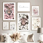Цветущая белая роза, леопард, розовый цветок, тигр, Картина на холсте, скандинавские постеры и принты, Декор, фотографии для гостиной