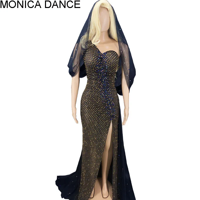 

Sexy Stage Shining Rhinstones Evening Celebrate Crystals Dress Women Prom Outfit Nightclub Birthday Black Mesh Train Costume