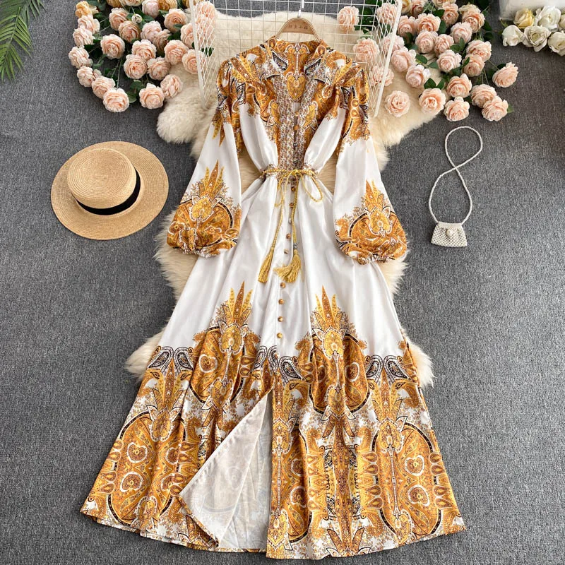 

YIZZHOY New Summer Elegant A Line V Neck Single Breasted Puff Sleeve Dresses Women Vintage Floral Print Layd Full Dress