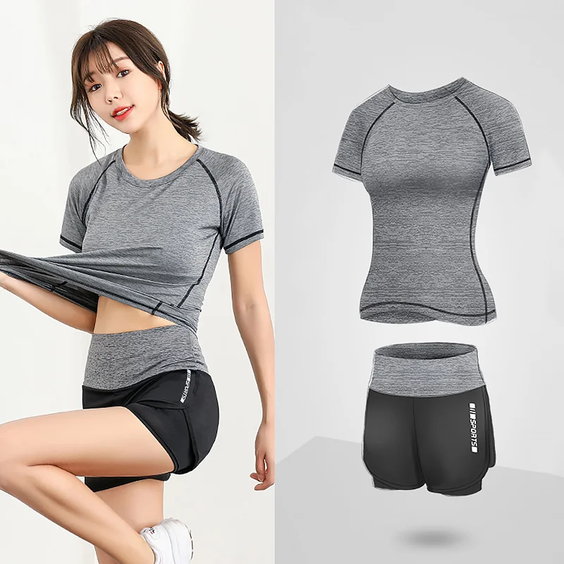 Yoga Set Female Thin Breathable Fitness Clothes Outdoor Gym Running Suit Workout Yoga Suit T-Shirt + Shorts Tracksuit Women