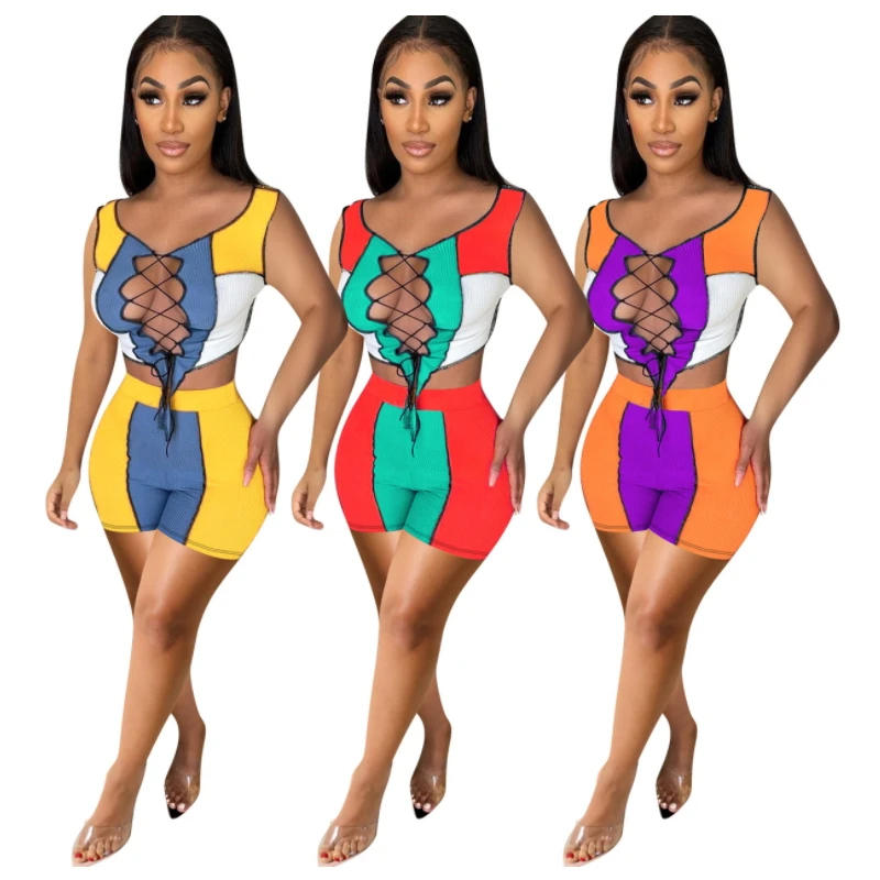 

Ribbed Bandage Two Piece Set Contrast Color Patchwork Bodycon Bodysuit Sexy Knitted Ribbons Lace Up Clothing Activewear Tight