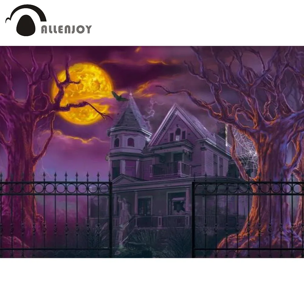 

Allenjoy Halloween Night Party Background Castle Backyard Full Shiny Moon Black Clouds Dead Trees Scary View Backdrop Photobooth