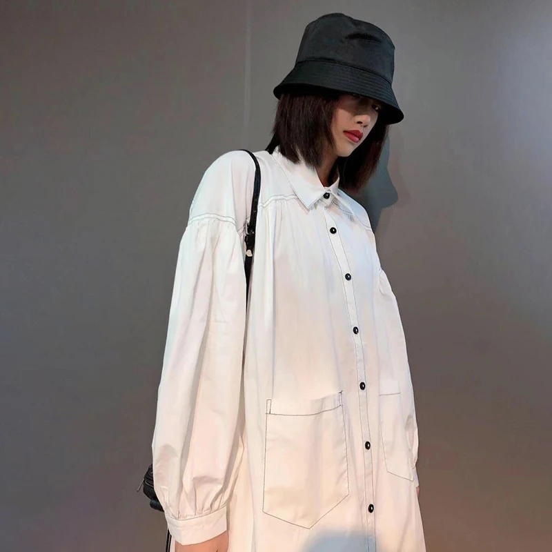 

Casual Black Shirt Dress For Women Lapel Lantern Long Sleeve Patchwork Pockets Loose Midi Dresses Female 2021 Style