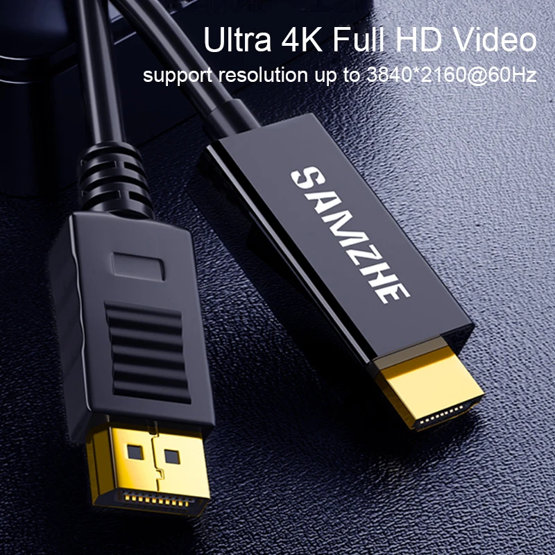 Кабель-адаптер SAMZHE Displayport to HDMI конвертер 1080P HD DP Male-HDMI Male 1 8/3 м для ПК ноутбуков