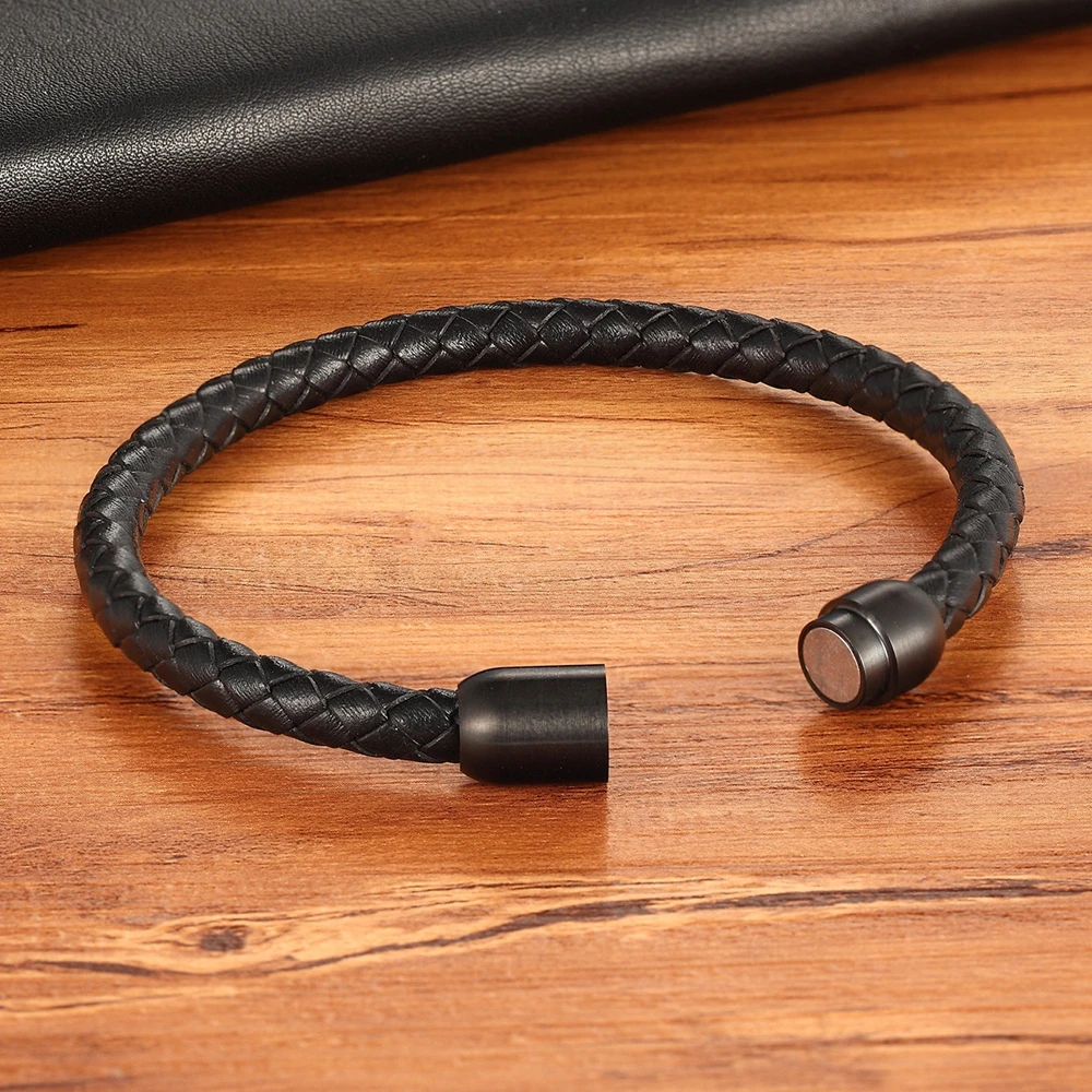Fashion Simple Style Stainless Steel Men's Leather Bracelet Multi-color Black Leather Bangle For Boys Handsome Birthday Gift