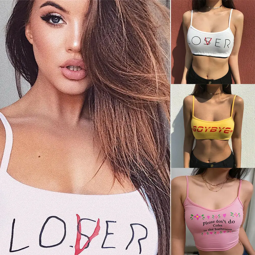 

2020 New Women Summer Pink Crop Top Strappy Cotton Letter Print Tank Tops Vest Sexy Short Crop Tops Camis Tees Tops Female Women