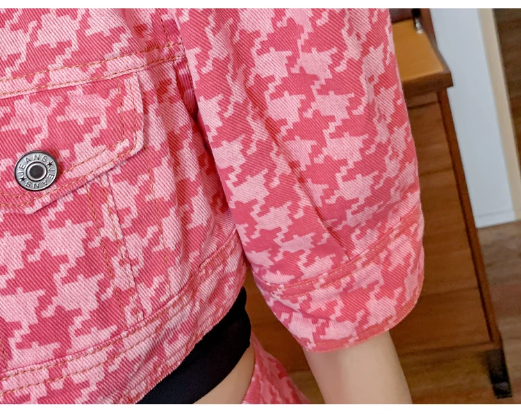 

2021 Elegant Women 2 Piece Set Korean Lady Pink Plaid Denim Sexy Short Jacket + High Waist Mini Skirt Fashion Suit