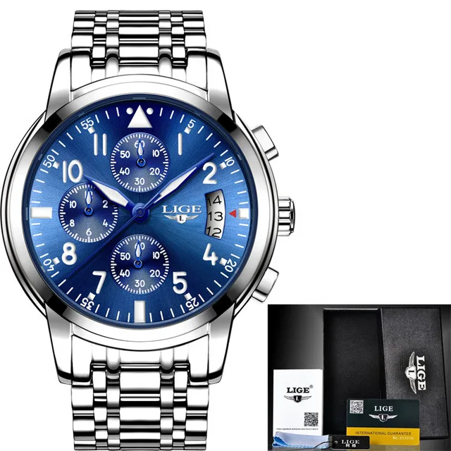 Silver blue S LIGE Для мужчин s часы Топ Роскошные Брендовые мужские Водонепроницаемый кварцевые Бизнес часы для Для мужчин Повседневное спортивные наручные часы Relogio Masculino - Цвет: Silver blue S