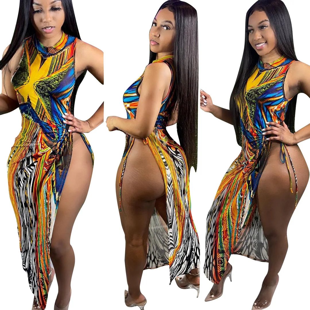 

Женское платье с принтом, Бандажное платье без рукавов с разрезом, эластичное сексуальное летнее платье-футляр для ночного клуба Вечерние