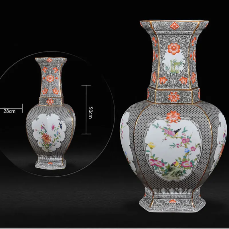 FOCUSDECOR Восточная светло серая китайская ваза с оранжевым цветком фарфоровая