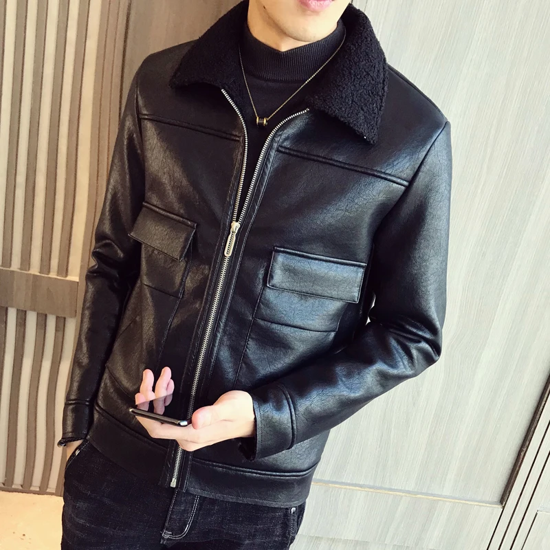 Новинка 2019 осенне зимняя кожаная приталенная куртка с меховым воротником в