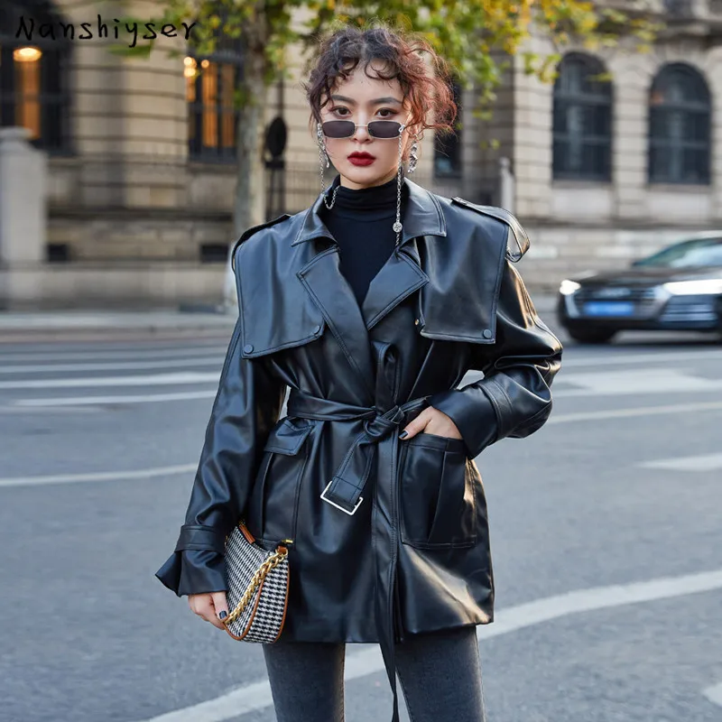 

Autumn 2021 Loose Big Pocket Vintage Black Faux Washed PU Leather Jacket With Belt Plus Size Biker Leather Outwear Abrigo Mujer