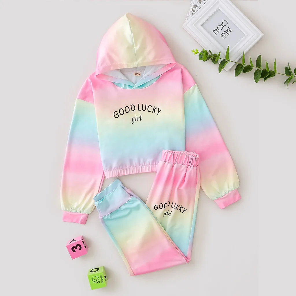 

Топ с радужной завязкой для маленьких девочек + штаны, пижама, одежда для сна, Модный повседневный комплект, Рождественская осенняя одежда