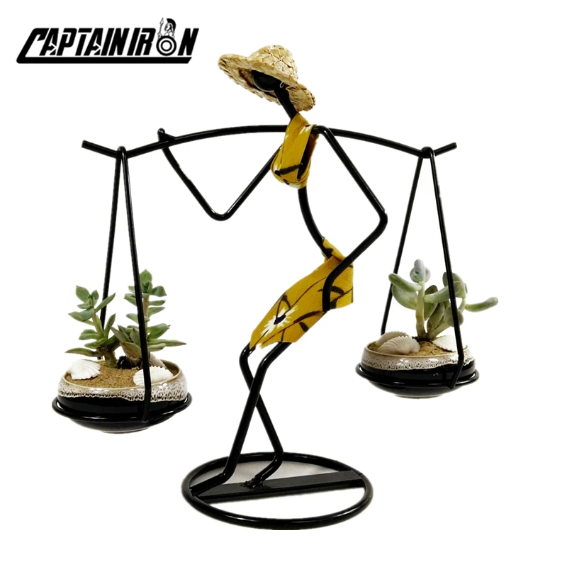 

CAPTAINIRON Wearing Straw Hat Woman Decorative Vase Iron Flower Vase Succulents Pot Modern Home Decoration Vase for Office Decor