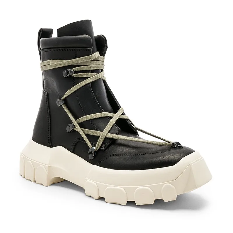 Мужские высокие ботинки из натуральной кожи черные кроссовки на платформе со