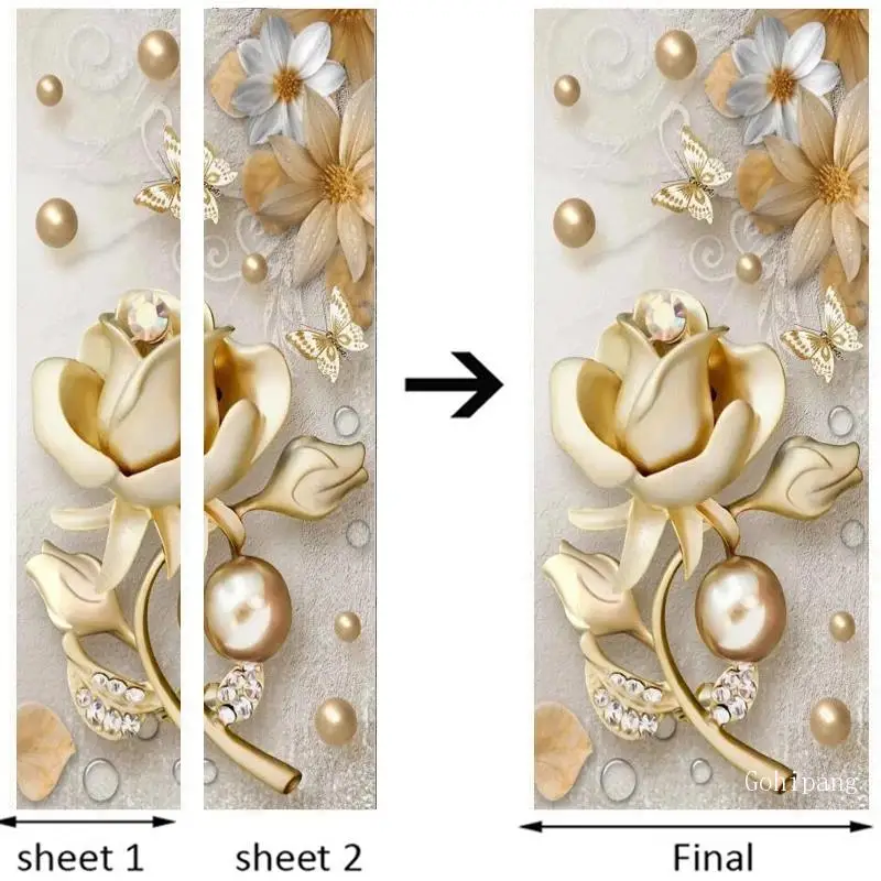 

3D Golden Flowers Door Sticker Living Room Bedroom Home European Style Door Decor Wallpaper Pvc Waterproof Wall Stickers Murals