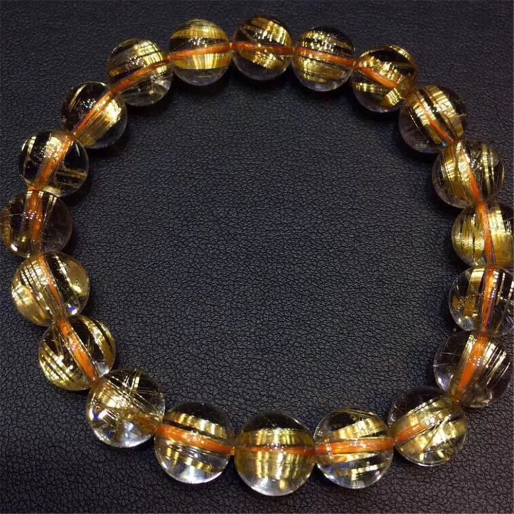 

9.5mm Top Natural Gold Rutilated Quartz Bracelet Jewelry For Woman Man Crystal Titanium Round Beads Stretch AAAAA Certificate