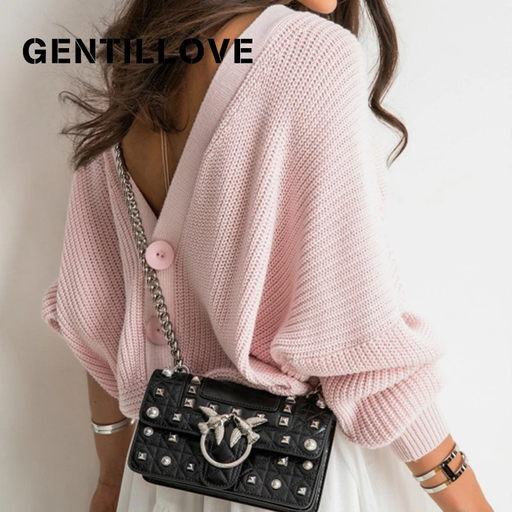 Gentillove, Женский Осенний однотонный вязаный свитер, джемпер, длинный рукав, v-образный вырез, вязаные топы, открытая спина, кнопка, сексуальные модные свитера