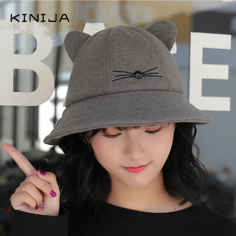 Шляпа для родителей и детей Женская шерстяная шляпа с кошачьими ушками рыбацкая