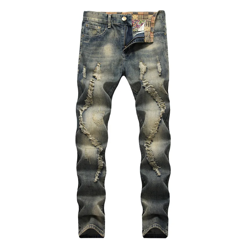 

New Men's Jeans Straight Denim Pants Hole Retro Old Personality Beggar Design High Quality Large Size Trend Men Jean Trousers