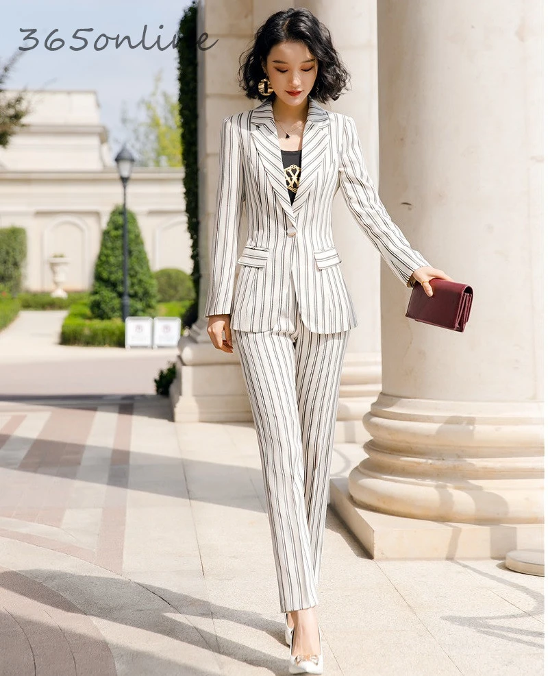 

Novelty Striped Ladies Office Work Wear Blazers OL Styles Women Business Suits with 2 Piece Set Pants and Jackets Coat Pantsuits