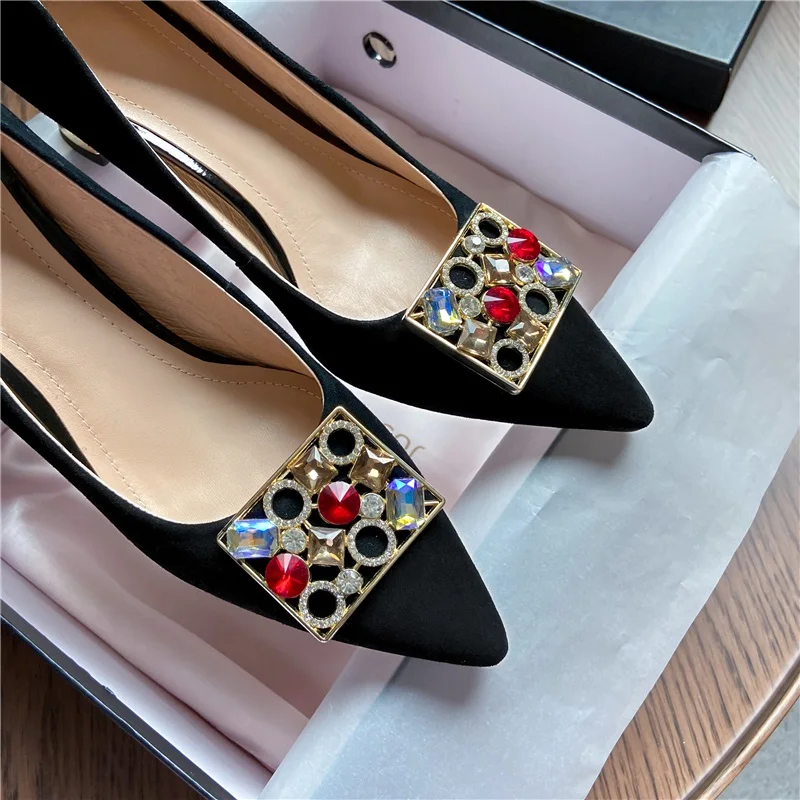 

classic crystal decoration sexy pointed toe single office lady shoes women genuine leather pumps women spike heel party shoes