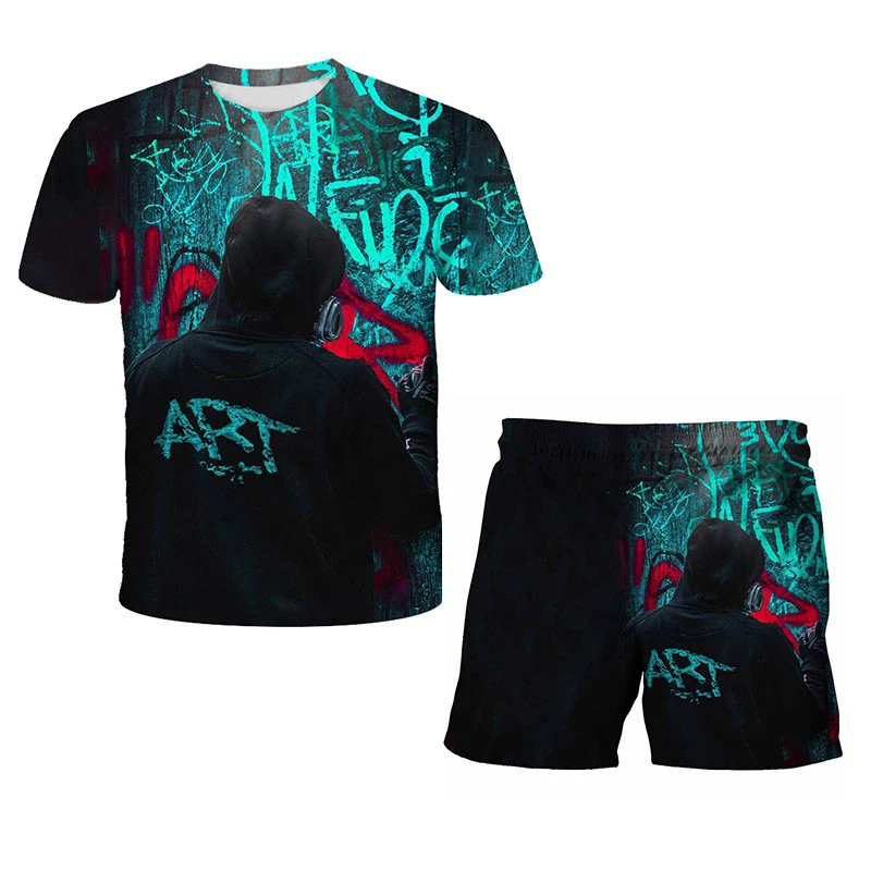 

2021 new leisure summer 2-piece children's sportswear with graffiti 3D printed Harajuku T-shirt and shorts