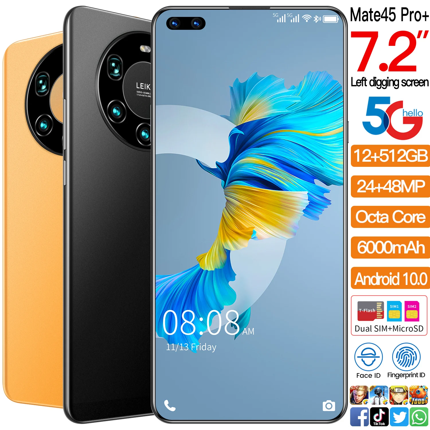 Mate45 Pro-tel&eacute;fono inteligente versi&oacute;n Global, m&oacute;vil con pantalla completa de 7,2 pulgadas, Octa Core, 24MP + 48MP, 8GB, 256GB, red 4G LTE 5G-4