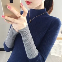fashionable new womens semi high collar color matching with bottom layer and slim bottom layer pullover and lady sweater