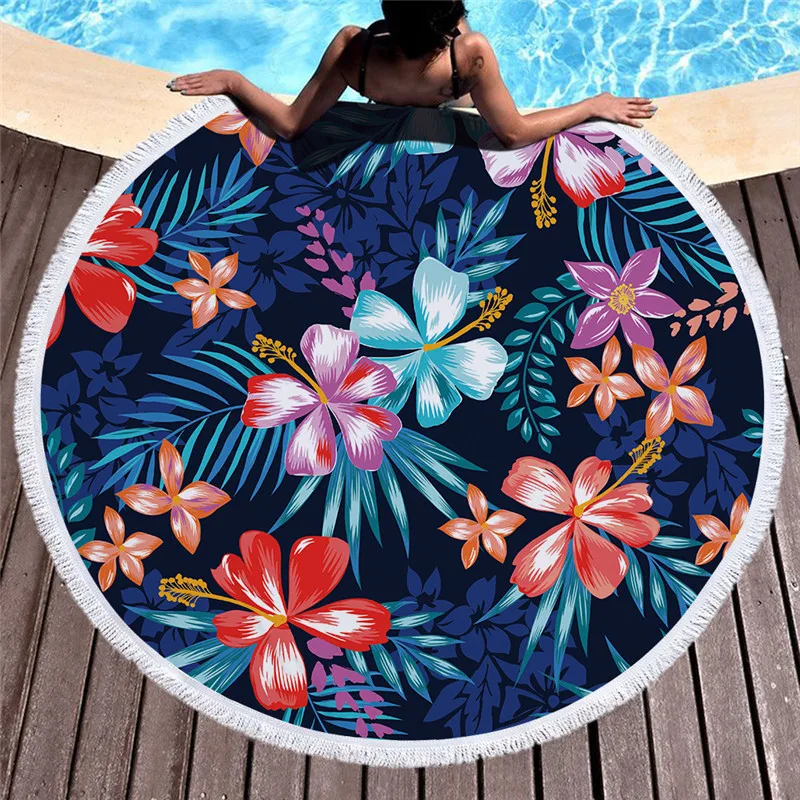 Круглое Большое пляжное полотенце из микрофибры с принтом цветов птиц и листьев