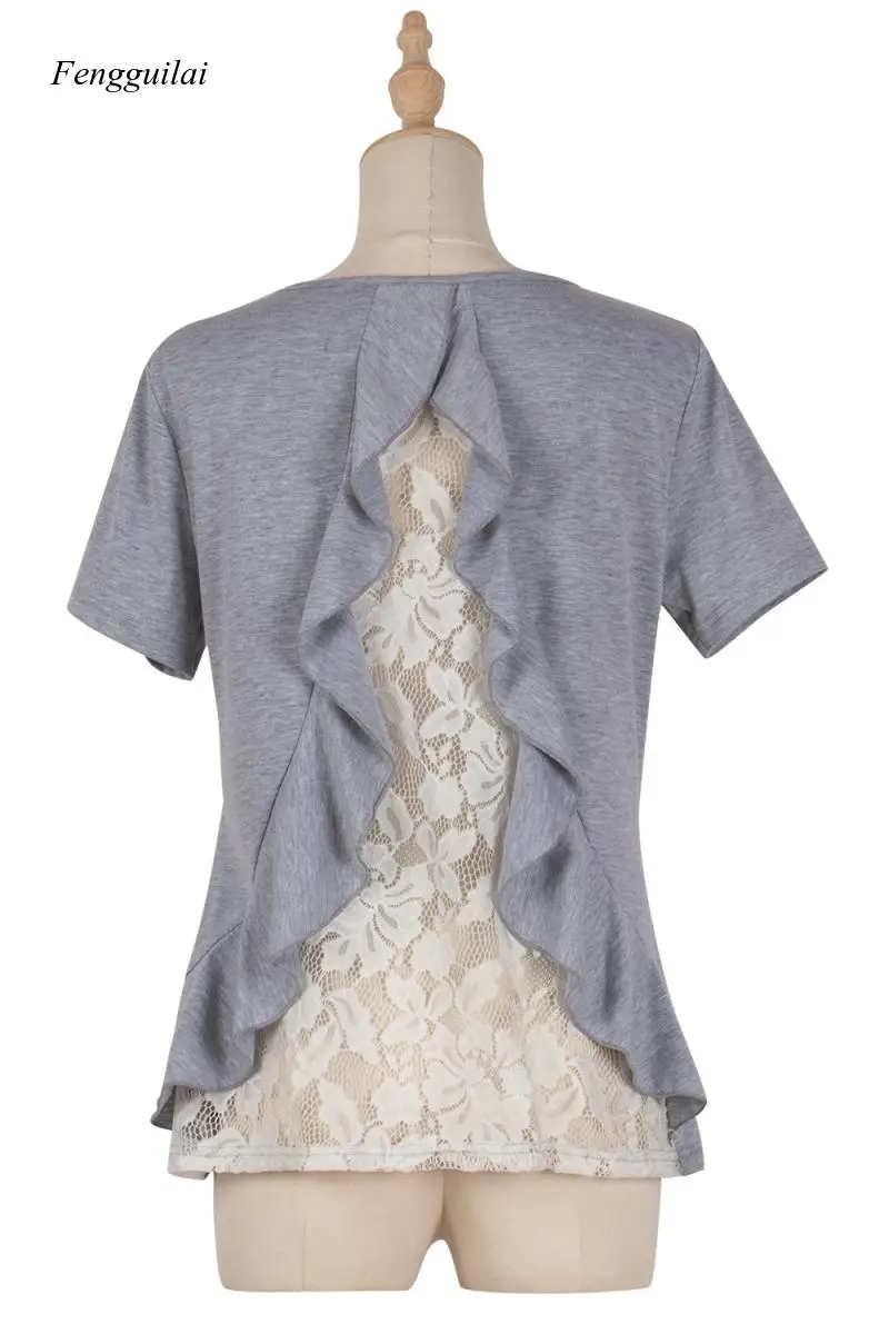 

2021 Spring and Summer New Beauty Solid Color Pullover Loose Round Neck Back Lace Short Sleeve T-Shirt for Women