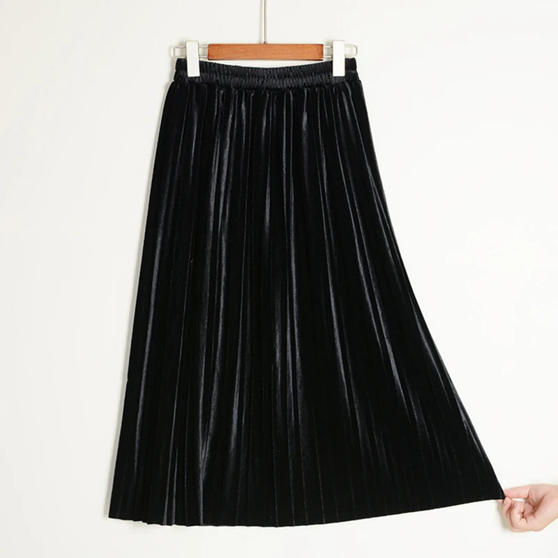 

Spring Vintage Velvet Winter Skirt Pleated Skirt High Waist Elasticty Elegant Midi Casual Party Skirt Metallic Fashion Women