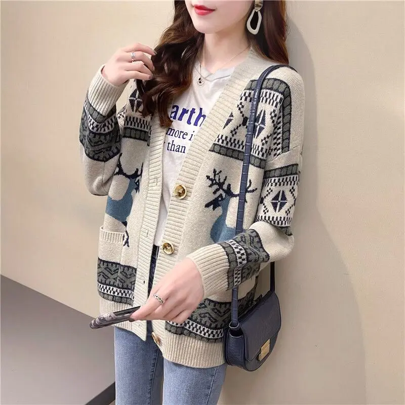 

Retro ethnic style fawn sweater coat women's spring 2021 new loose outer wear tide ins knitted cardigan
