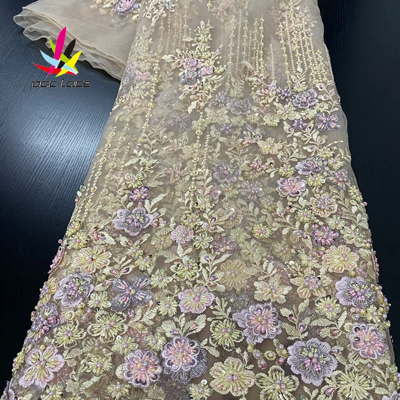 Африканская кружевная ткань с бисером ручной работы цвета шампанского вышивкой
