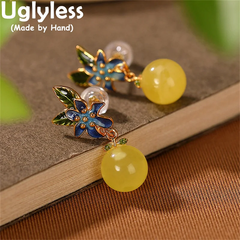 

Uglyless Anti-fading Enamel Flowers Studs Earrings for Women Chicken Oil Amber Beeswax Balls Earrings 925 Sterling Silver Brinco