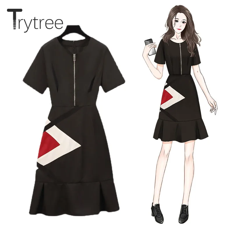 

Летнее женское платье Trytree 2021, повседневное элегантное офисное платье до колена с круглым вырезом, молнией и оборками на подоле, с геометрич...