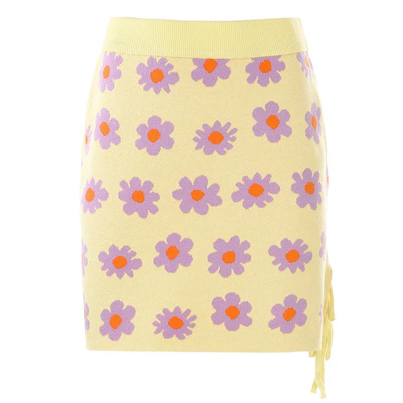 

New Autumn&Spring Women Chic Flower Pattern Knitted Suits Long Sleeve V-neck Cardigans High Waist Mini Skirt Package Hip Skirt
