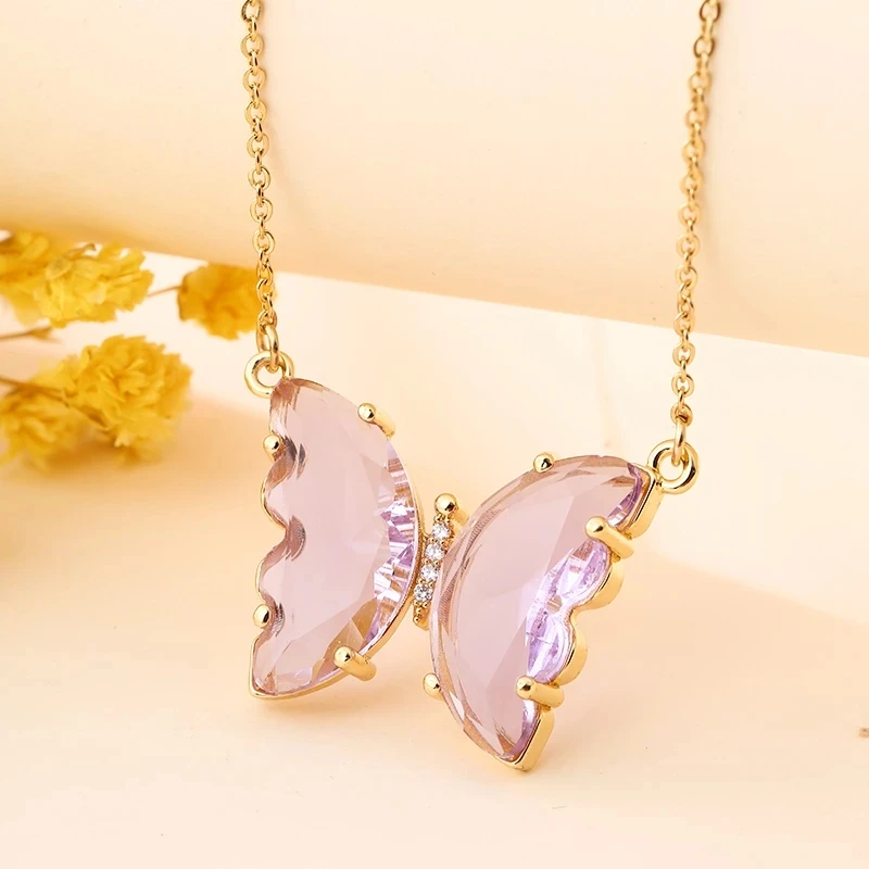 

Colors Crystal Butterfly Pendant Necklace For Women Fashion Stainless Steel O Chain Necklace Korean Style Fashion Party Jewelry
