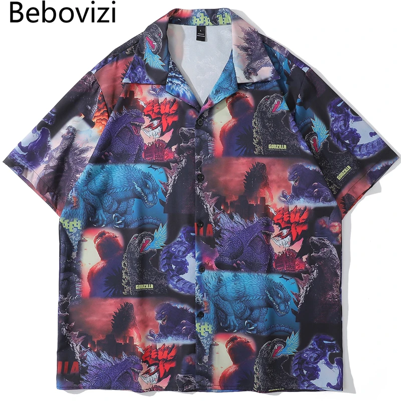 

Japanese Men Hawaiian Shirt Hip Hop Harajuku Anime Monsters Print Streetwear Beach Shirt Summer Short Sleeve Casual Tops Shirt