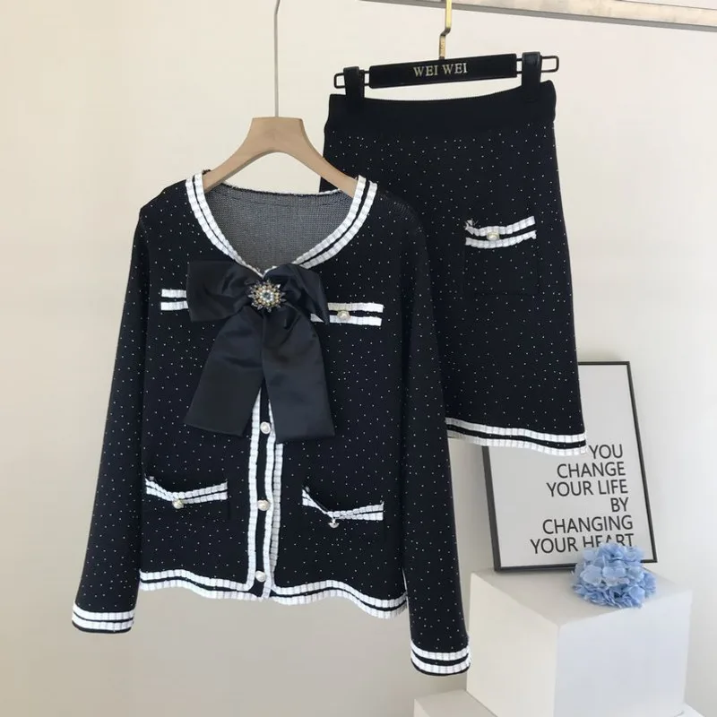 Женский Повседневный вязаный костюм-двойка, кардиган с бантом и мини-юбка, Осень-зима